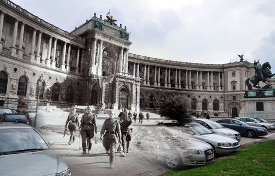 Комбинација на слики од Втората светска војна и сегашноста