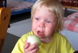 Девојче ужива јадејќи главица кромид