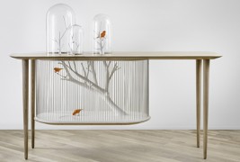 Масичка и кафез за птици споени во елегантен дизајн