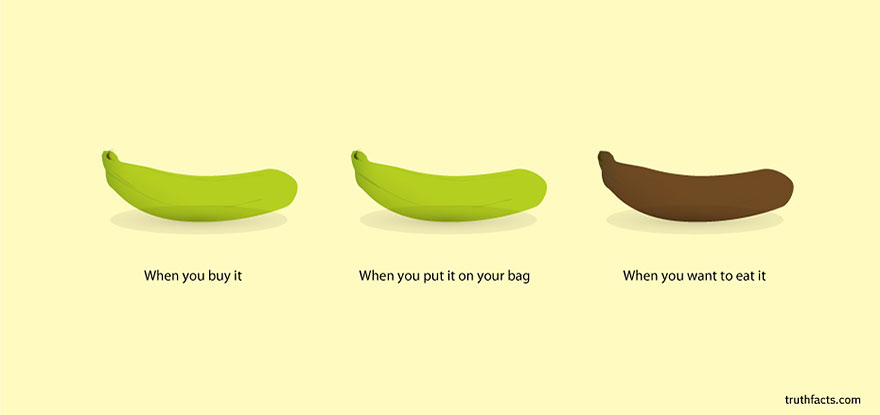 Бананата кога ќе ја купите, кога ќе ја ставите в торба и кога ќе сакате да ја јадете