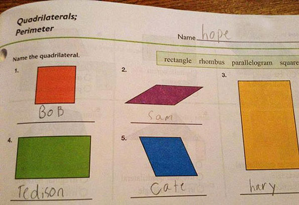 Задача: Именувај го четириаголникот. Решение: Боб, Сем, Тедисон, Кејт, Хари.