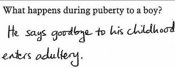 Прашање: Што им се случува на момчињата во пубертет? Одговор: Му велат збогум на детството и влегуваат во светот на возрасните.