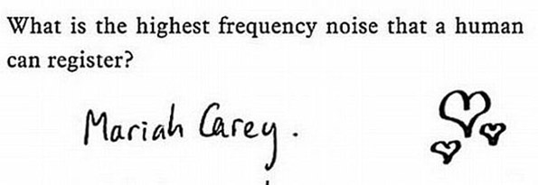 Прашање: Која е највисоката фреквенција на звукот која човекот може да ја слушне? Одговор: Мараја Кери.