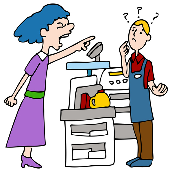 An image of a customer yelling at a cashier.