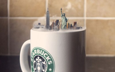 Креативни фотоманипулации од минијатурни градови сместени во чаши