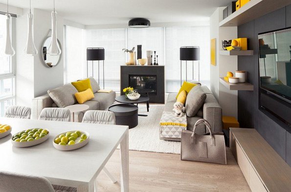 Модерно дизајнирани дневни соби во сиво и жолто