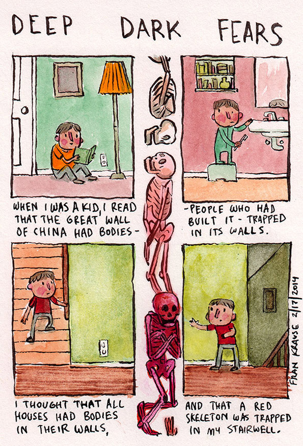 Кога бев дете прочитав дека Големиот Кинески ѕид има тела во него – луѓето кои го изградиле – заробени во неговите ѕидови. Мислев дека сите куќи имаат тела во нивните ѕидови и дека во моите скали има црвен костур.