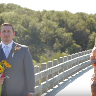 Необична венчаница: Невеста облекла костум на Ти-рекс за да го изненади и насмее младоженецот