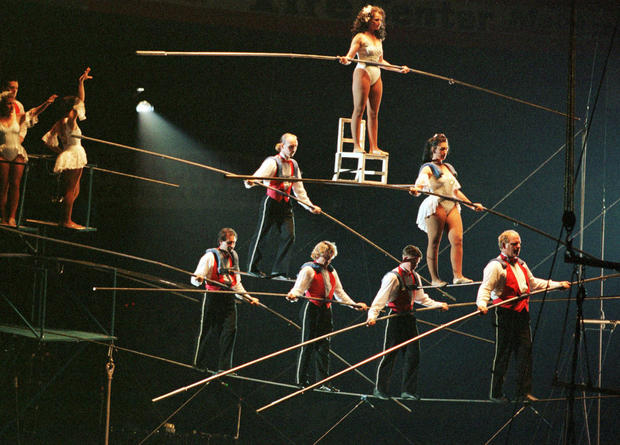 Members of the Flying Wallendas tightrope-walking