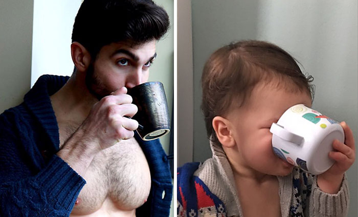 Мајка го исмева брат ѝ со тоа што го фотографира нејзиното бебе како ги имитира неговите пози