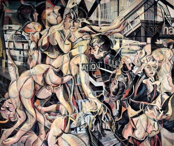 Маслени слики со повеќе слоеви го визуелизираат движењето во зафатените градови