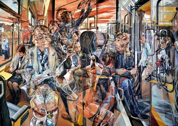 Маслени слики со повеќе слоеви го визуелизираат движењето во зафатените градови