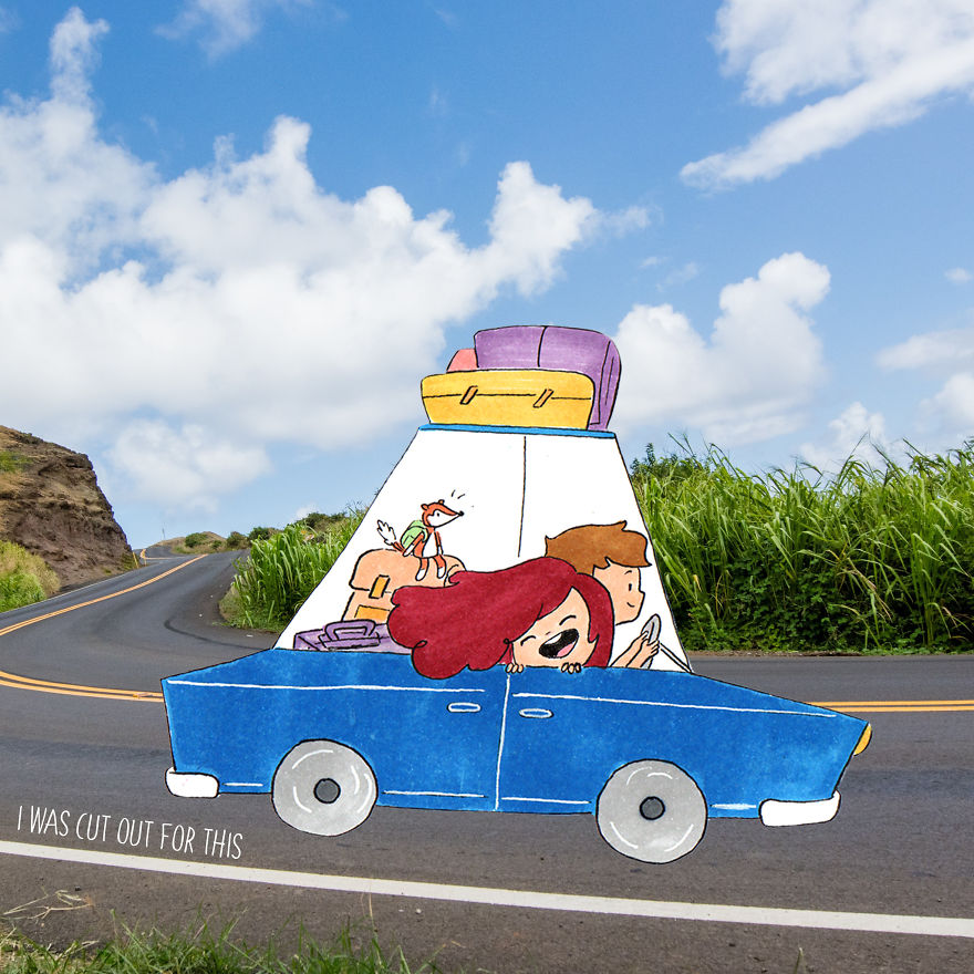 Илустрирани хартиени исечоци мудро вметнати во патувачки фотографии