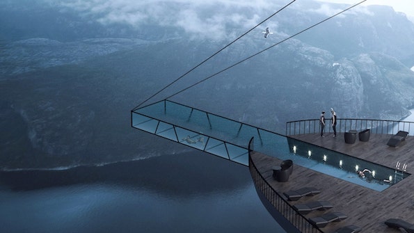 Возбудлив хотелски дизајн со стаклен базен што лебди 600 метри над норвешките фјордови