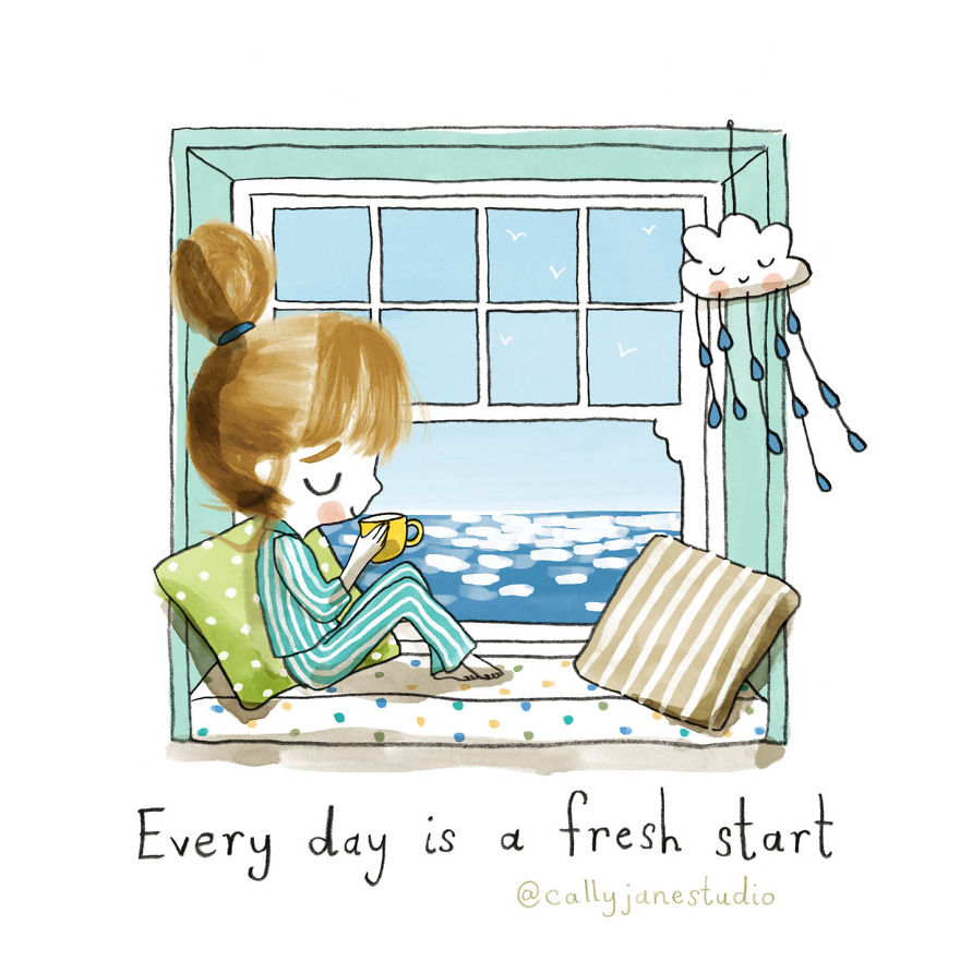 Илустрации со девојче што вежба јога кои испраќаат позитивни пораки за љубовта кон себе