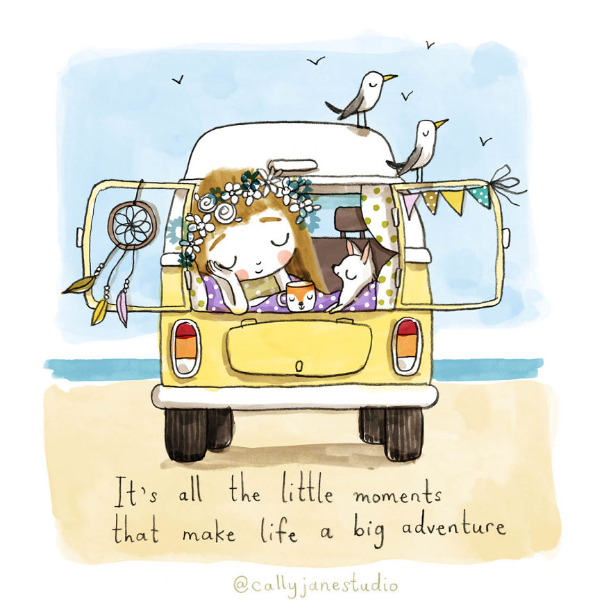 Илустрации со девојче што вежба јога кои испраќаат позитивни пораки за љубовта кон себе