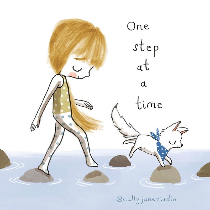 Илустрации со девојче што вежба јога кои испраќаат позитивни пораки за љубовта кон себе