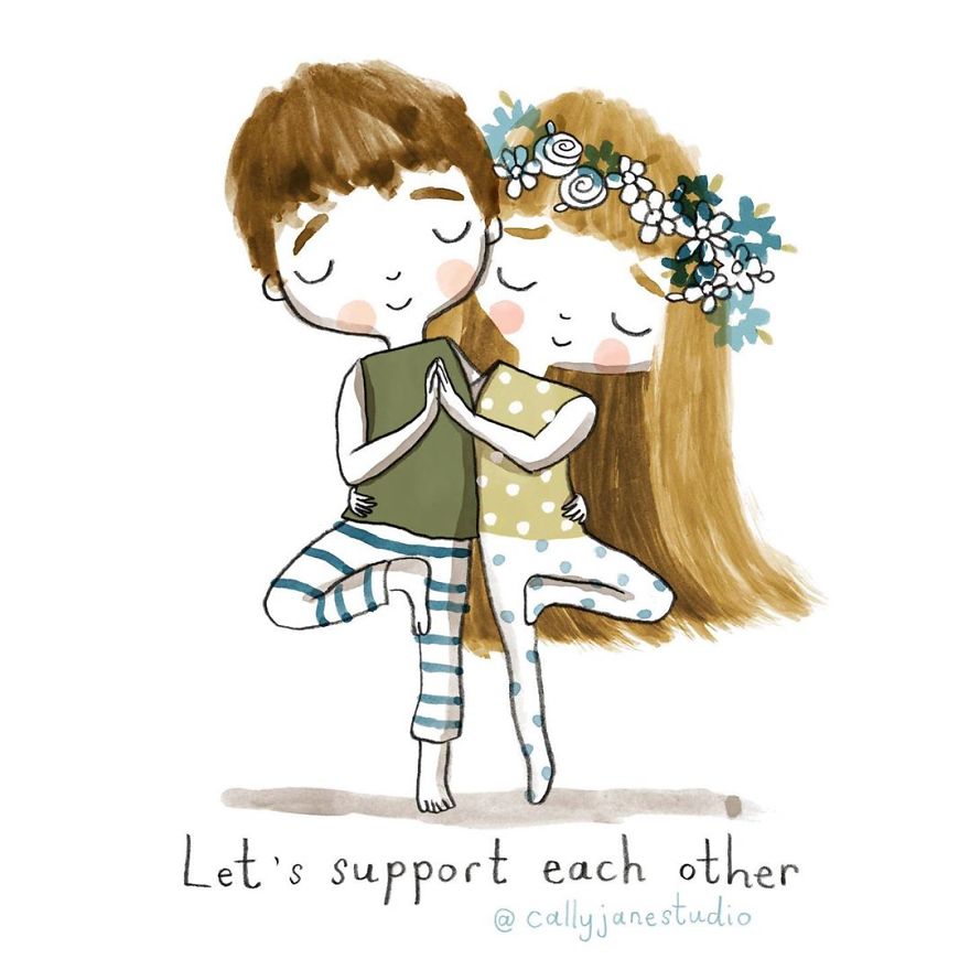 Илустрации со девојче што вежба јога кои испраќаат позитивни пораки за љубовта кон себе