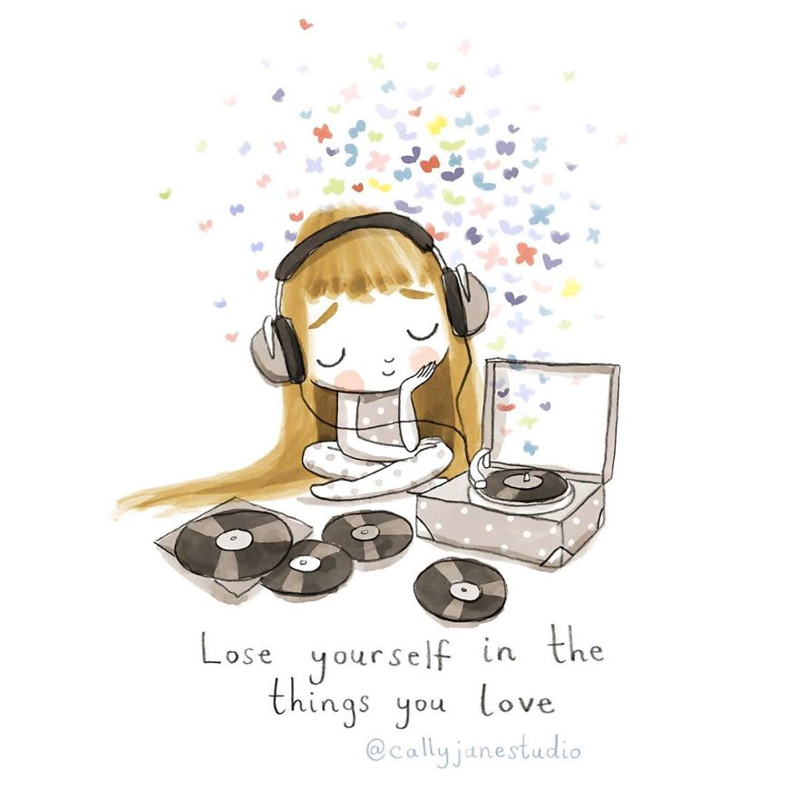 Илустрации со девојче што вежба јога кои испраќаат позитивни пораки за љубовта кон себе