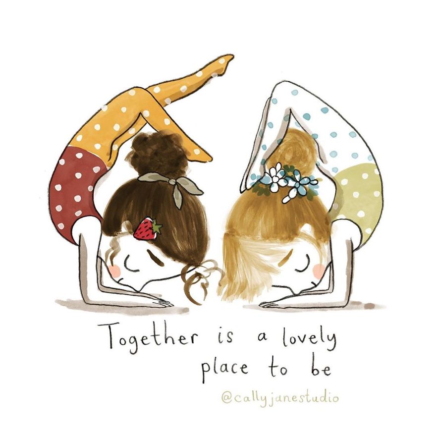 Илустрации со девојче што вежба јога кои испраќаат позитивни пораки за љубовта кон себе