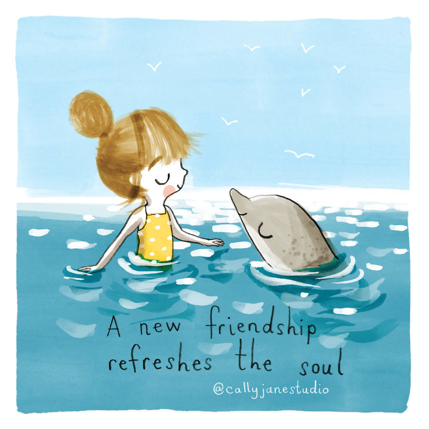 Илустрации со девојче што вежба јога кои испраќаат позитивни пораки за љубовта кон себе