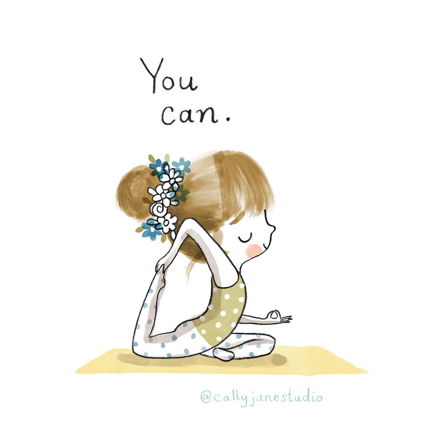 Илустрации со девојче што вежба јога кои испраќаат позитивни пораки за љубовта кон себе