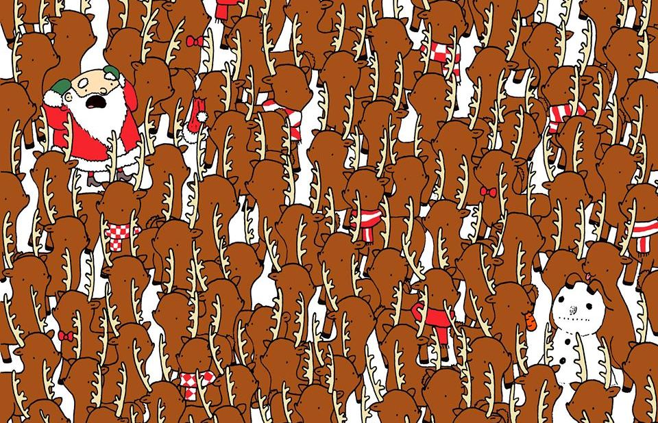 Дедо Мраз е во неволја: Дали можете да ја пронајдете мечката што е скриена меѓу ирвасите?