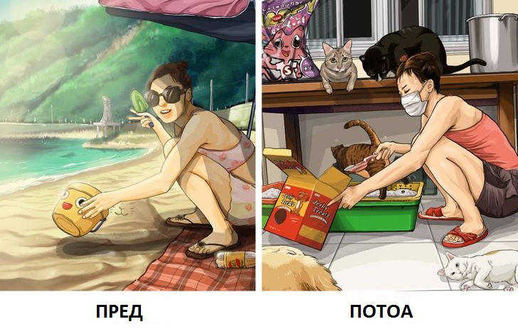 Илустрации што покажуваат како изгледа животот пред да имате домашно милениче и потоа