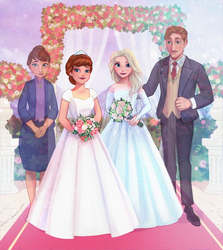 Еден уметник замислува како би изгледале родителите на принцезите на Дизни ако биле присутни на венчавката