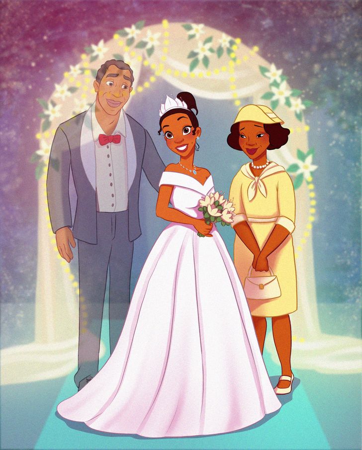Еден уметник замислува како би изгледале родителите на принцезите на Дизни ако биле присутни на венчавката