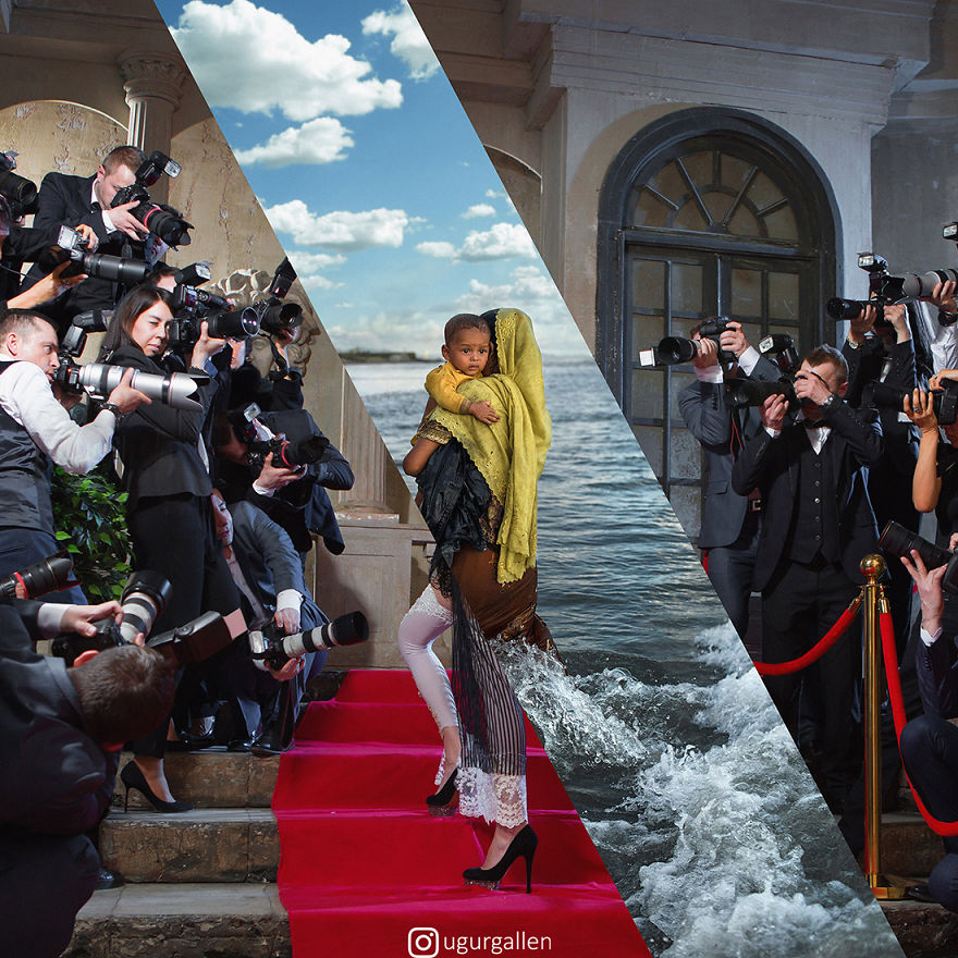 Уметник го прикажува контрастот помеѓу двата света во кои моментално живееме