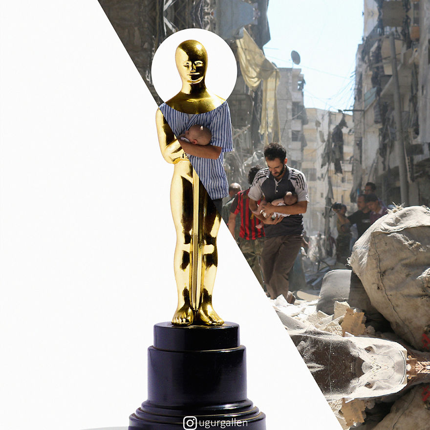 Уметник го прикажува контрастот помеѓу двата света во кои моментално живееме