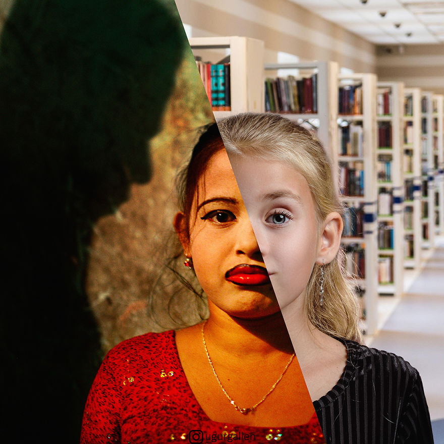 Уметник го прикажува контрастот помеѓу двата света во кои моментално живееме