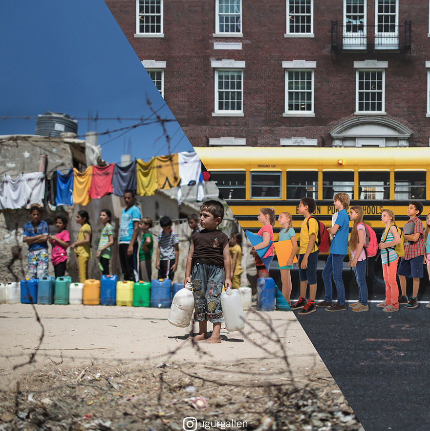 Уметник го прикажува контрастот помеѓу двата света во кои моментално живееме