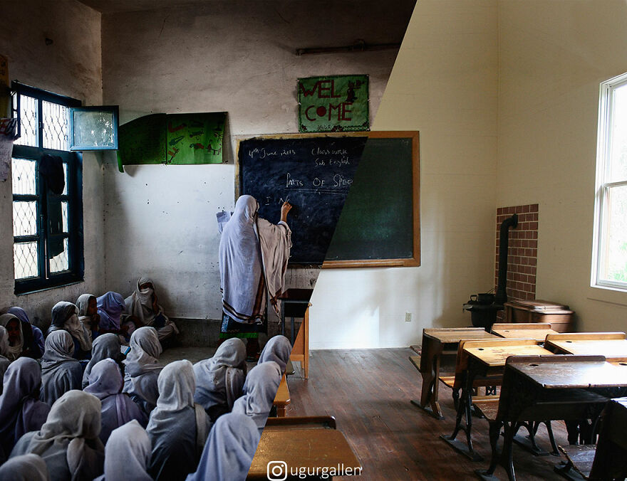 Уметник го прикажува контрастот помеѓу двата света во кои моментално живееме