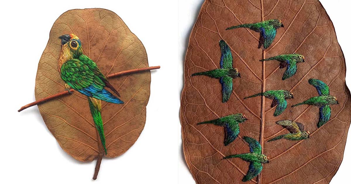 Уметница користи суво лисје како неконвенционално платно за везење птици